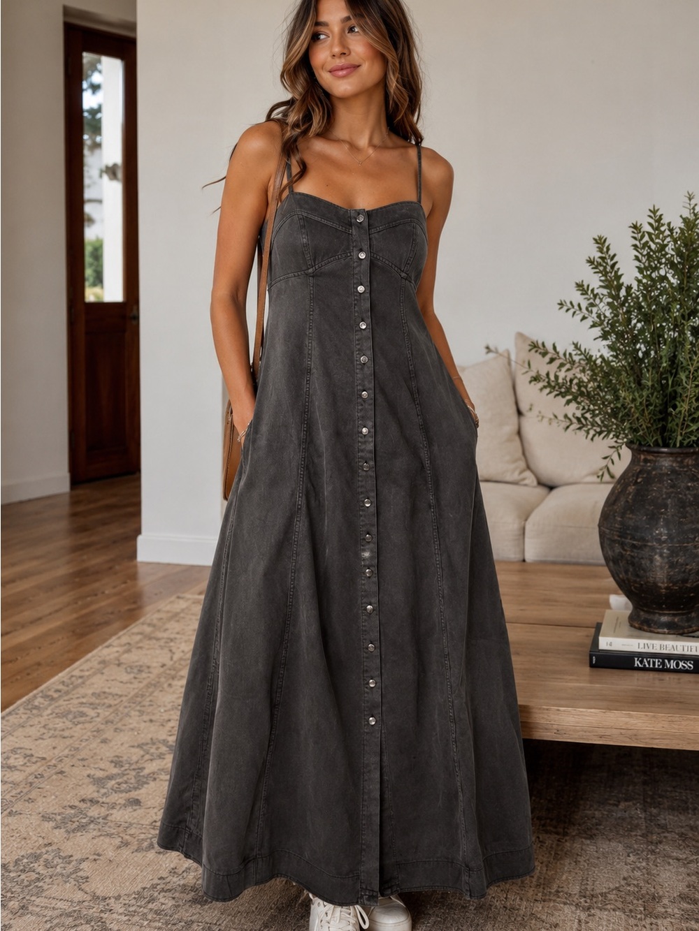 NWT Free People Washed Black Button-Down Maxi Dress